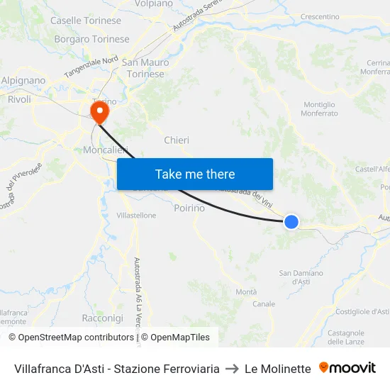 Villafranca D'Asti - Stazione Ferroviaria to Le Molinette map