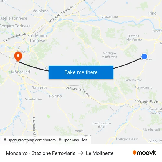 Moncalvo - Stazione Ferroviaria to Le Molinette map