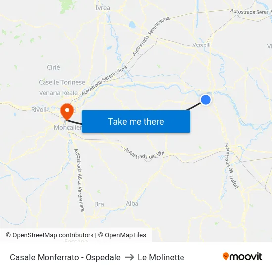 Casale Monferrato - Ospedale to Le Molinette map