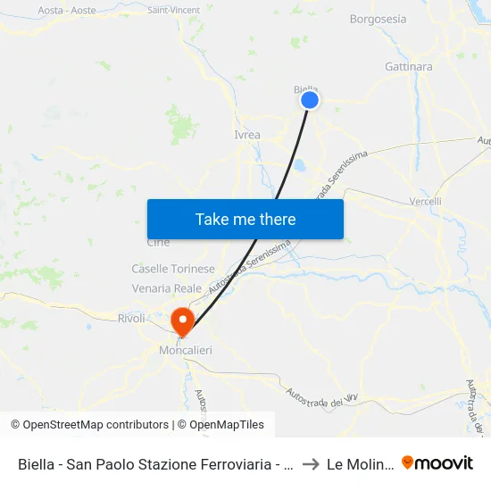 Biella - San Paolo Stazione Ferroviaria - Movicentro to Le Molinette map