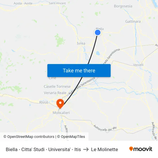 Biella - Citta' Studi - Universita' - Itis to Le Molinette map