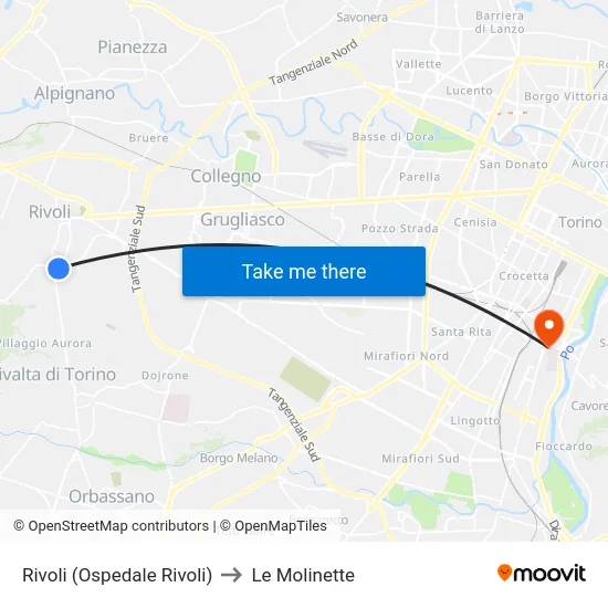 Rivoli (Ospedale Rivoli) to Le Molinette map