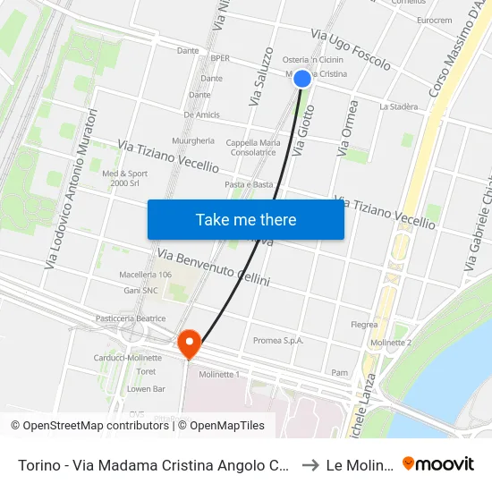 Turin - Madama Cristina Street Corner Dante Avenue to Le Molinette map