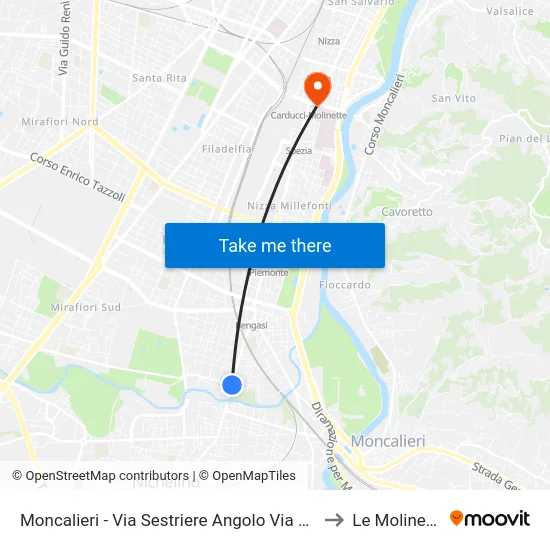 Moncalieri - Sestriere Street Corner Palli Street to Le Molinette map