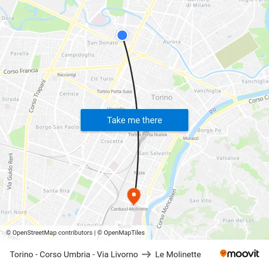 Turin - Corso Umbria - Via Livorno to Le Molinette map