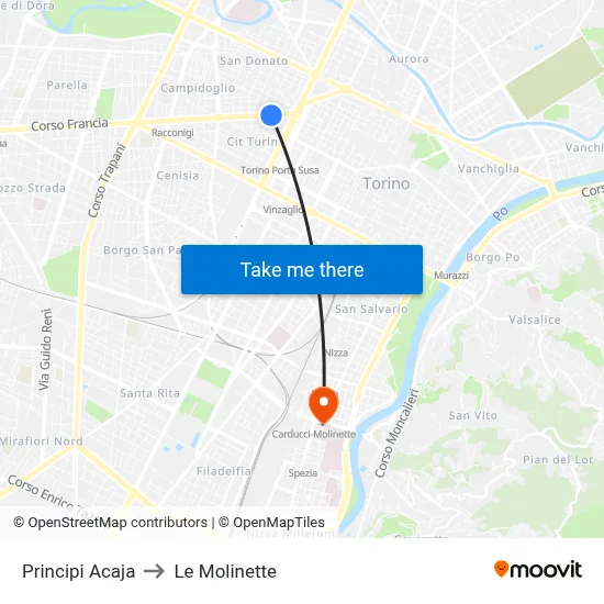 Principi Acaja to Le Molinette map