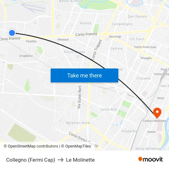 Collegno (Fermi Cap) to Le Molinette map