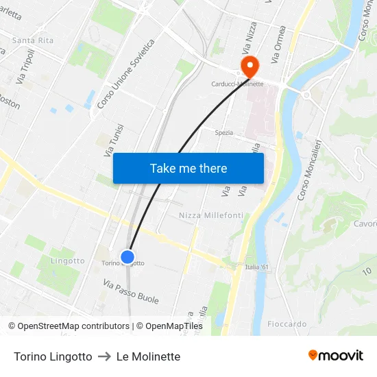 Turin Lingotto to Le Molinette map