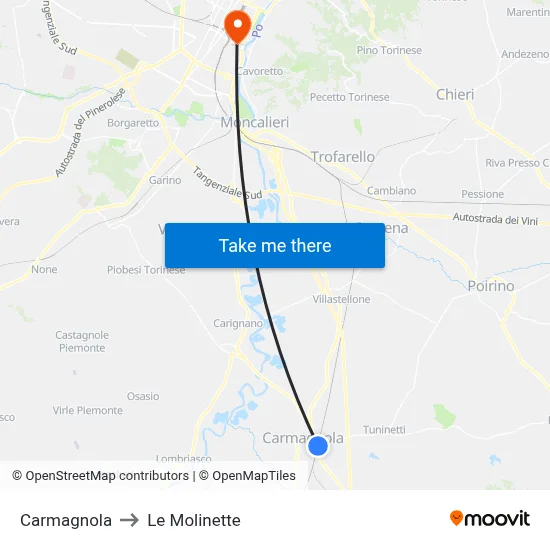 Carmagnola to Le Molinette map