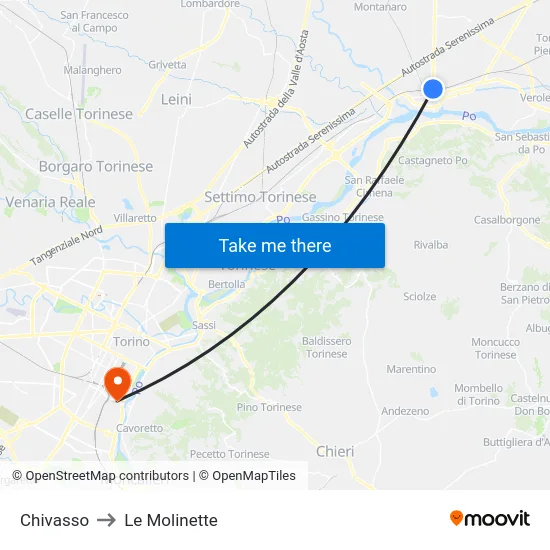 Chivasso to Le Molinette map