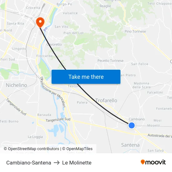 Cambiano-Santena to Le Molinette map
