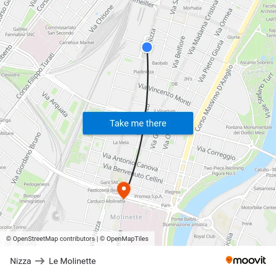 Nizza to Le Molinette map