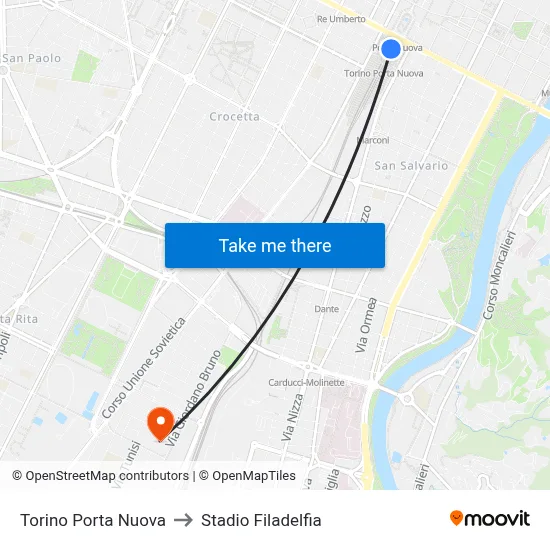 Turin Porta Nuova to Filadelfia Stadium map