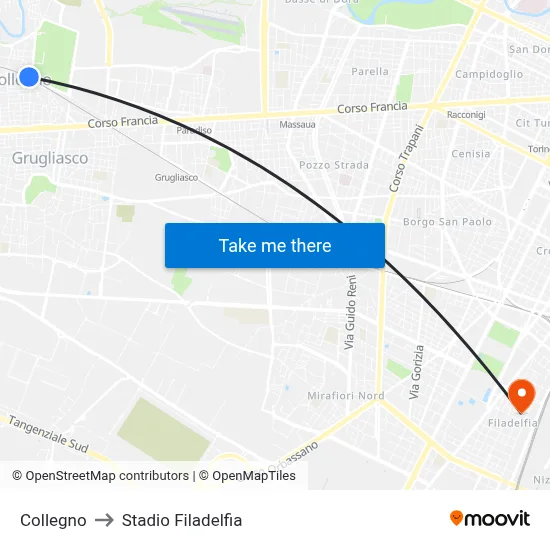 Collegno to Filadelfia Stadium map