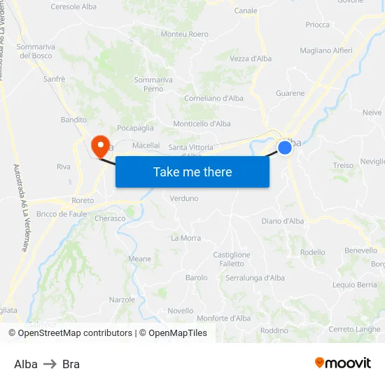 Alba to Bra map
