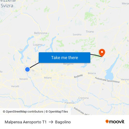 Malpensa Aeroporto T1 to Bagolino map