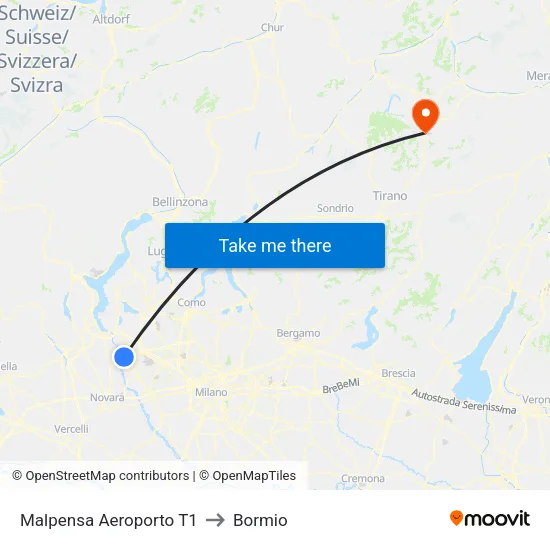 Malpensa Aeroporto T1 to Bormio map