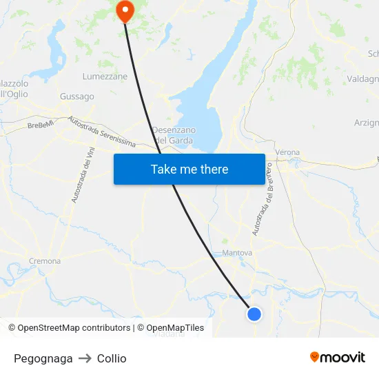 Pegognaga to Collio map