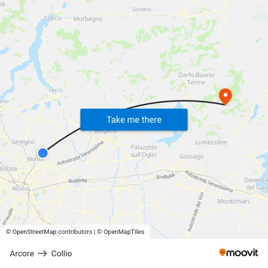 Arcore to Collio map