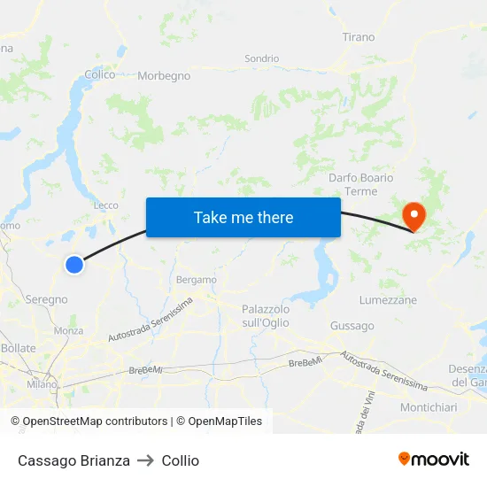 Cassago Brianza to Collio map