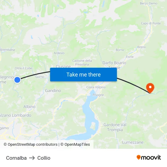 Cornalba to Collio map
