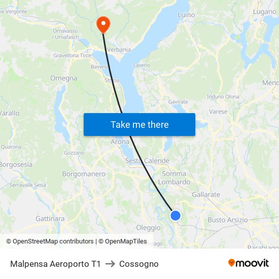 Malpensa Aeroporto T1 to Cossogno map