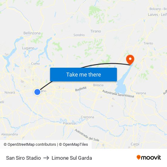 San Siro Stadio to Limone Sul Garda map