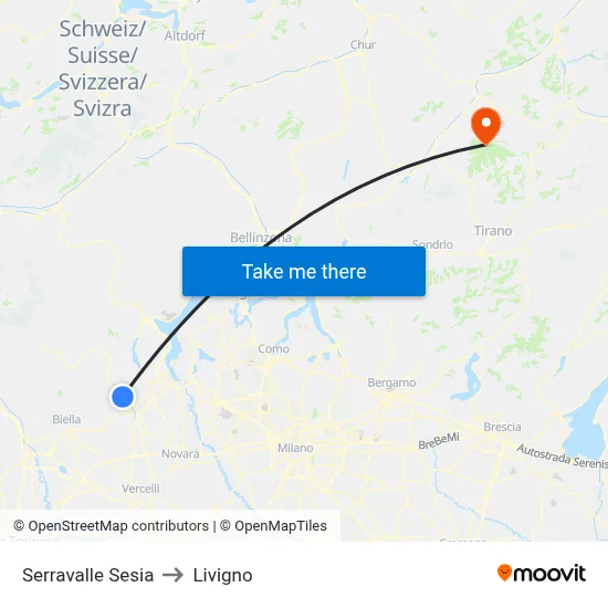 Serravalle Sesia to Livigno map
