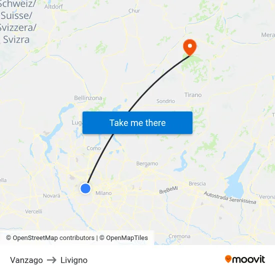 Vanzago to Livigno map