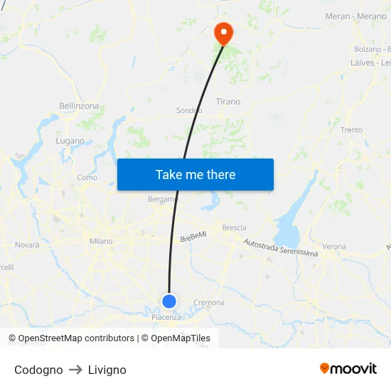 Codogno to Livigno map