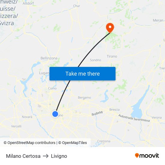 Milano Certosa to Livigno map