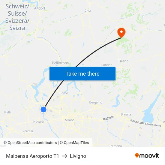 Malpensa Aeroporto T1 to Livigno map
