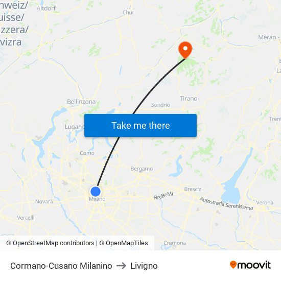 Cormano-Cusano Milanino to Livigno map