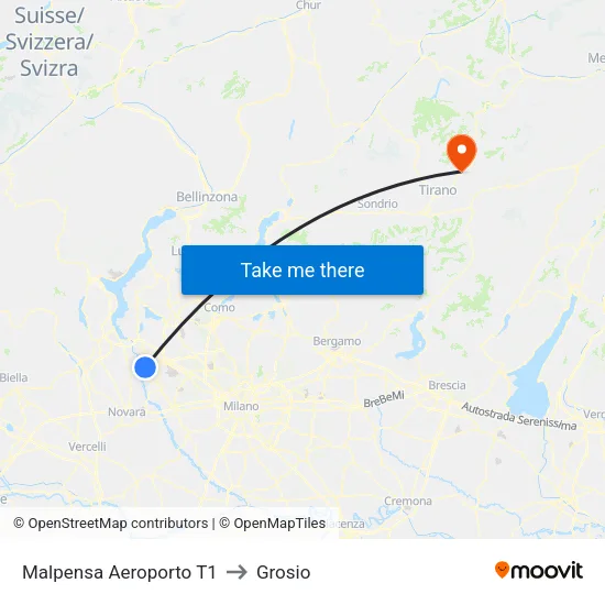 Malpensa Aeroporto T1 to Grosio map