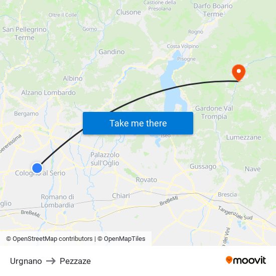 Urgnano to Pezzaze map