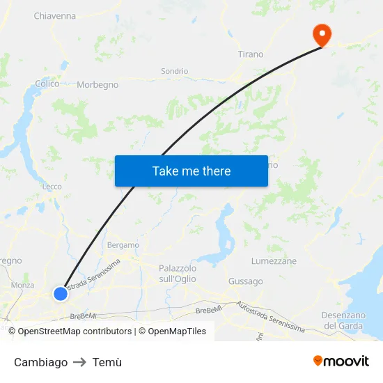 Cambiago to Temù map