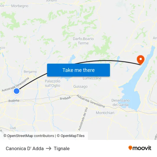 Canonica D' Adda to Tignale map