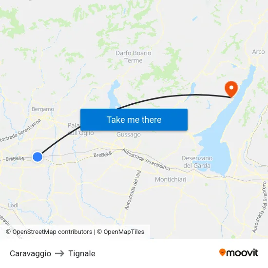 Caravaggio to Tignale map