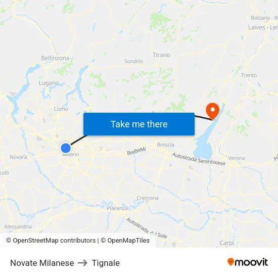 Novate Milanese to Tignale map