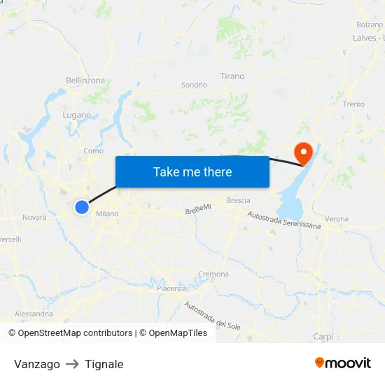 Vanzago to Tignale map