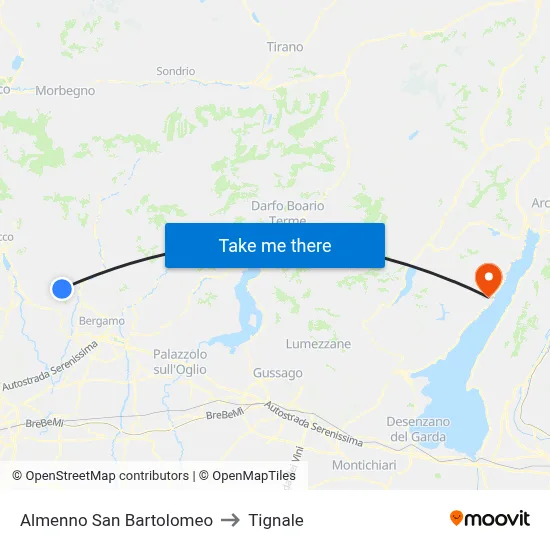 Almenno San Bartolomeo to Tignale map