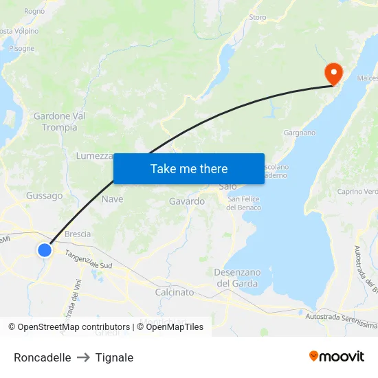 Roncadelle to Tignale map