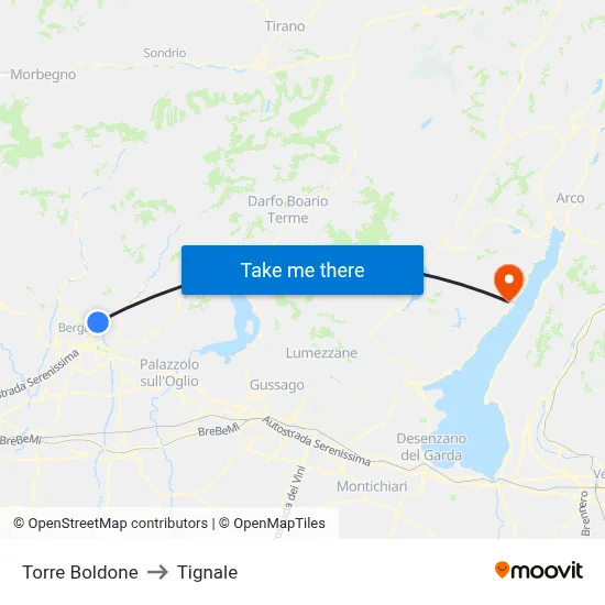 Torre Boldone to Tignale map