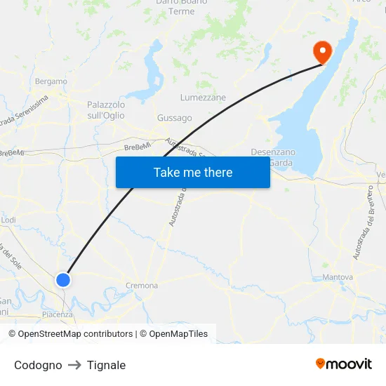 Codogno to Tignale map
