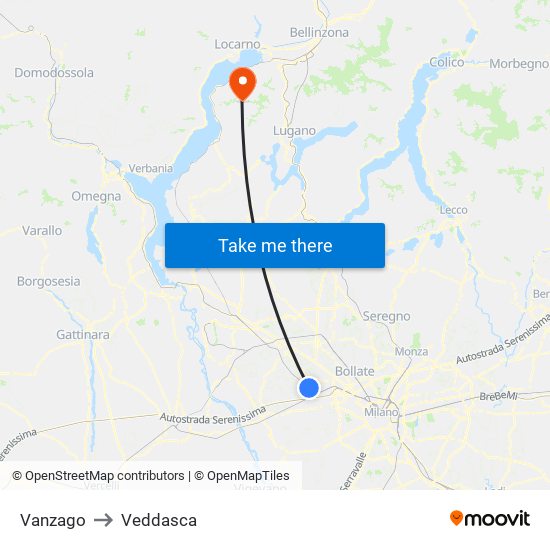 Vanzago to Veddasca map