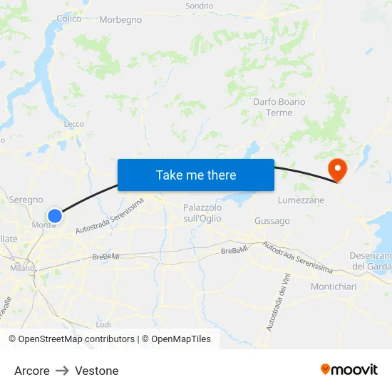 Arcore to Vestone map