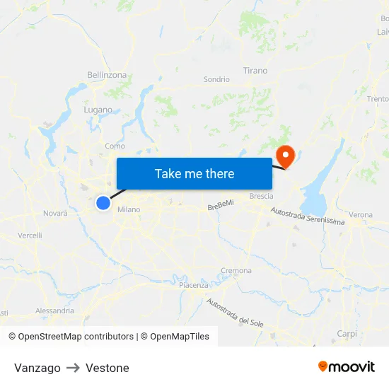 Vanzago to Vestone map