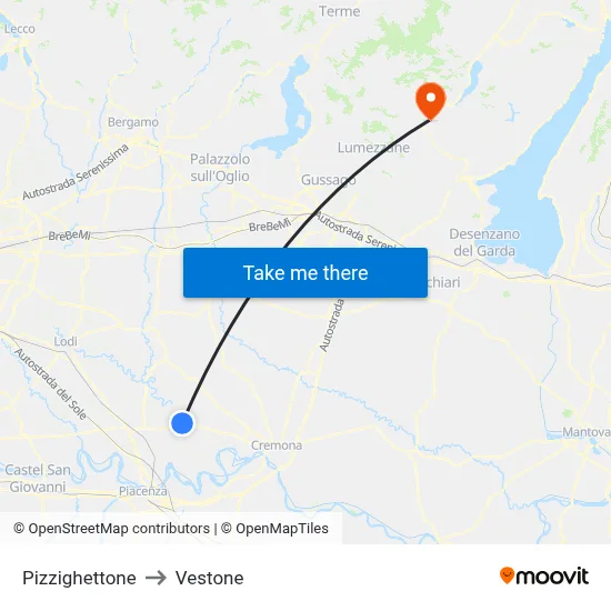 Pizzighettone to Vestone map