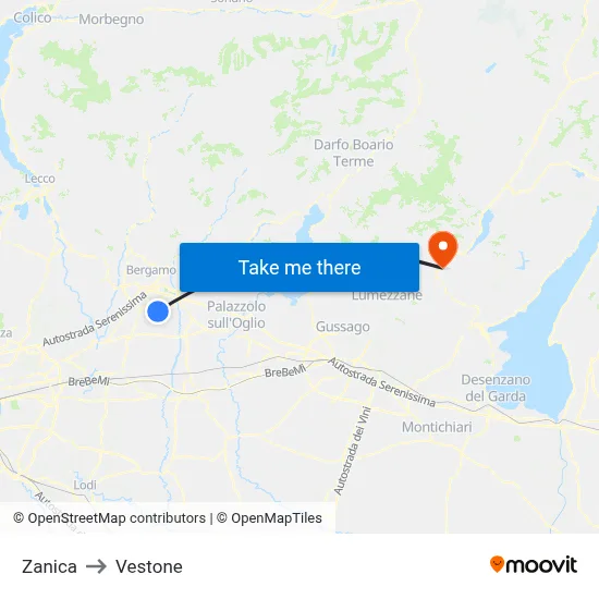 Zanica to Vestone map