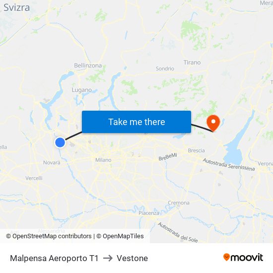 Malpensa Aeroporto T1 to Vestone map